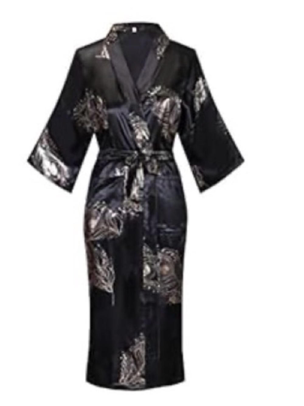 Black Satin Floral Kimono Robe with Belt, handmade